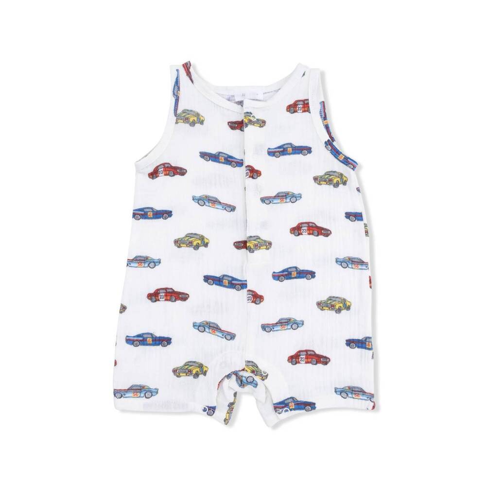 NEW ANGEL DEAR kids race cars muslin sleeveless shortie romper in white